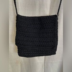 The Sak Mini Crossbody Bag Black crochet with flap and zip closure